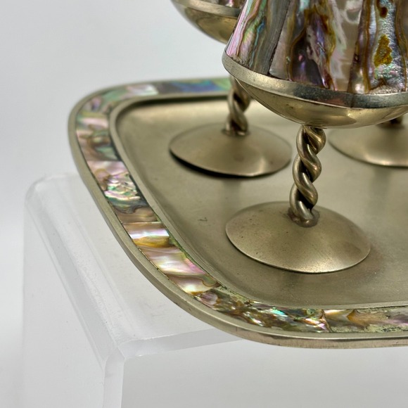 Vintage Alpaca Mexico Abalone Shell Silver Cordial Goblets Set 6 + Tray MCM - Picture 6 of 9